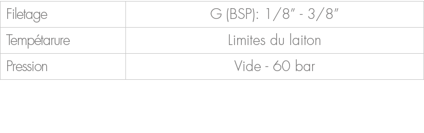 Filetage,G (BSP): 1/8” 3/8”,Temp tarure,Limites du laiton,Pression,Vide 60 bar